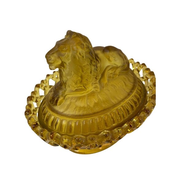 Antique Imperial Glass 1889 Lion Covered Dish Amber Victorian Lid & Base Q10138